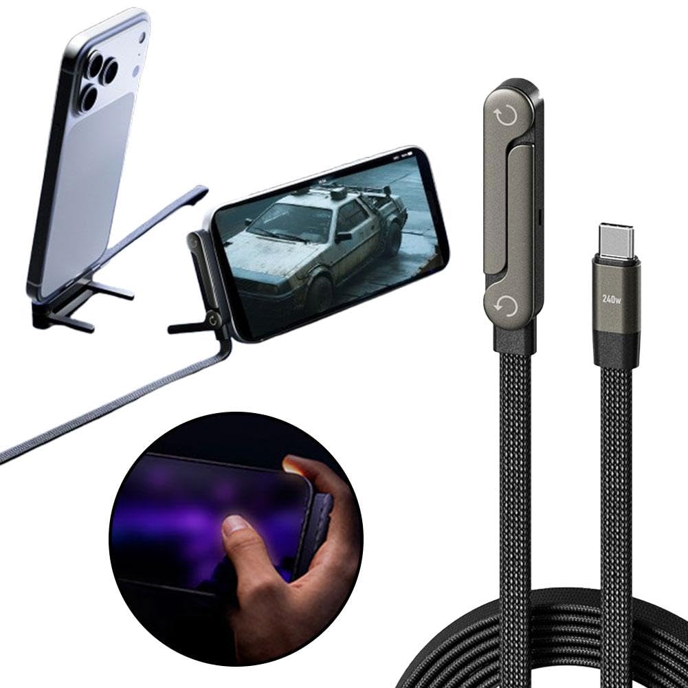 كابل شحن USB-C 240W سريع مع حامل هاتف مدمج – ستاند عملي وتحرير اليدين