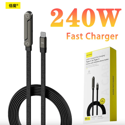 كابل شحن USB-C 240W سريع مع حامل هاتف مدمج – ستاند عملي وتحرير اليدين